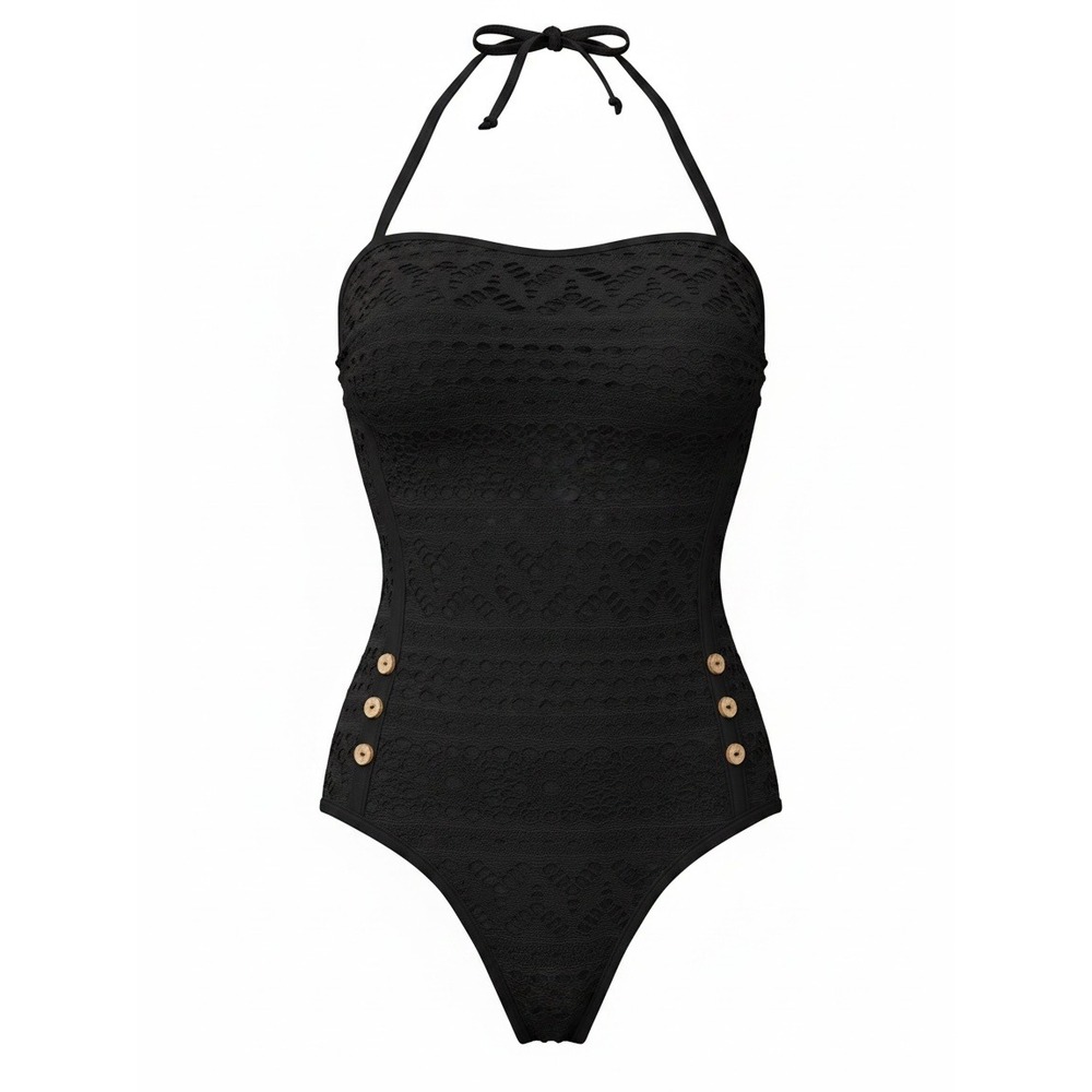 Choice by Bluewave Black Crochet Lace One Piece Swimsuit Halter Button Detail L